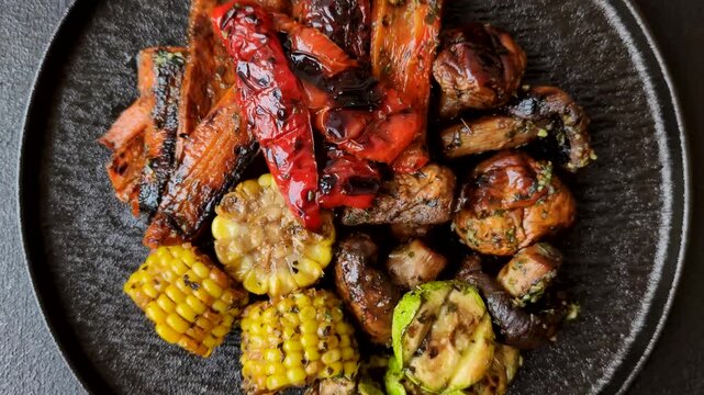 Vegetables such as corn, bell peppers, zucchini, and mushrooms grilled or barbecued, along with salt and spices for the dinner table. Grilled vegetables as a food background for your design