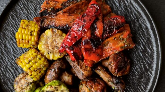 Vegetables such as corn, bell peppers, zucchini, and mushrooms grilled or barbecued, along with salt and spices for the dinner table. Grilled vegetables as a food background for your design