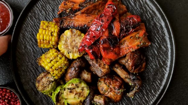 Vegetables such as corn, bell peppers, zucchini, and mushrooms grilled or barbecued, along with salt and spices for the dinner table. Grilled vegetables as a food background for your design