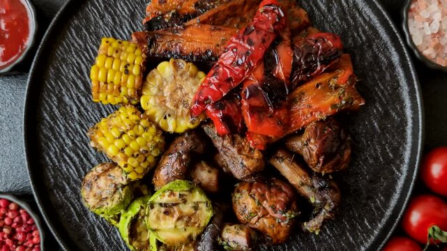 Vegetables such as corn, bell peppers, zucchini, and mushrooms grilled or barbecued, along with salt and spices for the dinner table. Grilled vegetables as a food background for your design