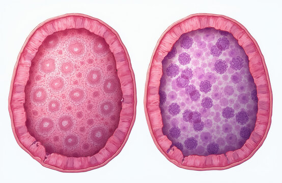 Illustration compares healthy stomach cells pink with abnormal cells purple. Side by side view shows differences in parietal cells. Gastric lining shows healthy versus damaged tissue. Medical