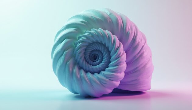 Close-up of a 3D rendered nautilus shell with a spiral pattern. The object glows with neon teal and purple light against a light background. Abstract geometric form.