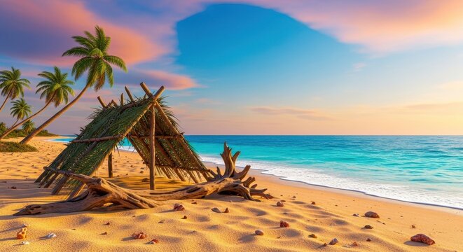 A desolate tropical beach scene featuring a rudimentary structure built from driftwood and palm fronds, emphasizing extreme isolation and survival challenges, survival, sea, waves