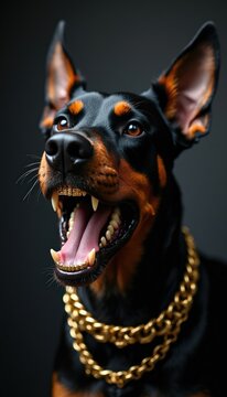 Doberman dog with gold teeth grillz and heavy gold chain collar opens mouth. Dog shows sharp teeth and pink tongue with intimidating look. Powerful canine stands against dark background.