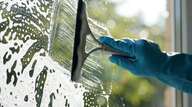 Professional window cleaning with squeegee and soapy water on glass surface