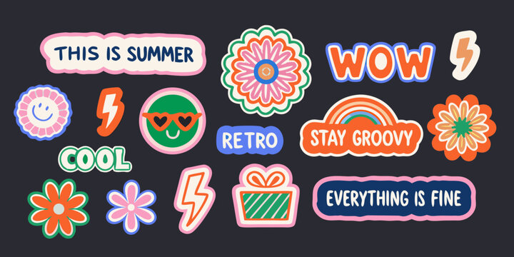 Retro groovy sticker pack with y2k typography and floral elements
