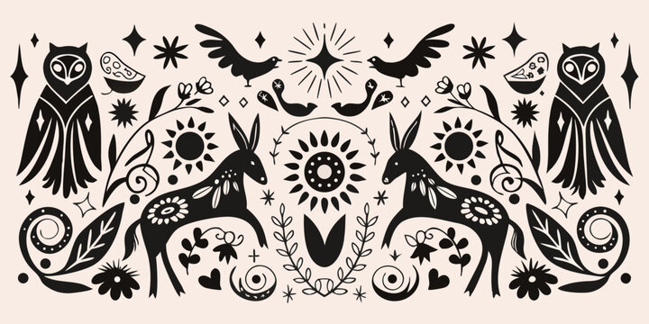 whimsical nature silhouette composition with owls hares and floral elements