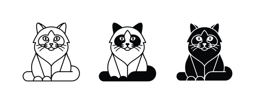 Fluffy Cat Icons, Line Art and Silhouette Vector Set, Cute Pet Graphics