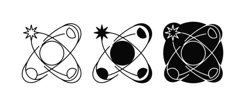 Abstract Atom Symbols, Science Icons, Atomic Orbitals, Vector Graphics, Black and White