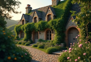 Fototapeta premium Charming Ivy-Covered Cottage Countryside Rustic Retreat Enchanting Hideaway