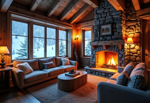 Charming Alpine Ski Lodge Rustic Stone Fireplace Cozy Warmth Snowy Slopes Surrounding Cabin Retreat