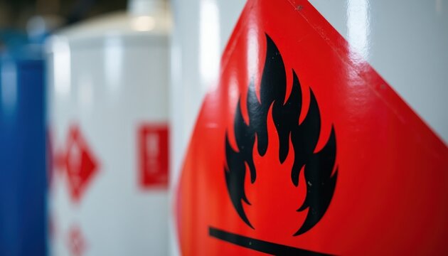 Red flammable icon on industrial storage tank signals fire risk. Hazardous material warning label indicates danger. Safety compliance for chemicals, liquids, and gases.