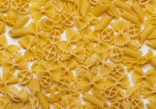 Panoramic display of diverse traditional dry pasta shapes creating a vibrant culinary background texture against a stark white surface, spaghetti, dry, starch