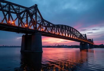 Fototapeta premium Dynamic Steel Bridge Spanning Majestic River Reflections Across Vast Waters Drenched in Glorious Sunset Hues