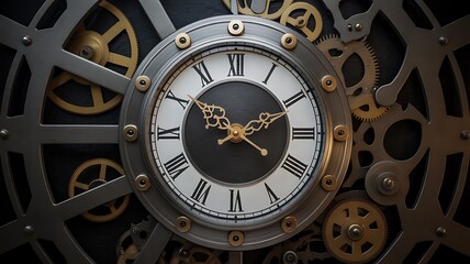Obraz premium Close-up of mechanical clock with gold gears
