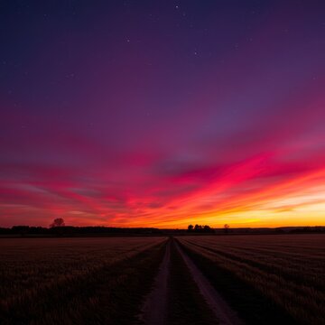 Tramonto rosso viola infuocato sulla linea dell'orizzonte, con colori vibranti e una luce calda che illumina il paesaggio naturale. Spettacolare, sfondo, esterno, serenit&agrave;