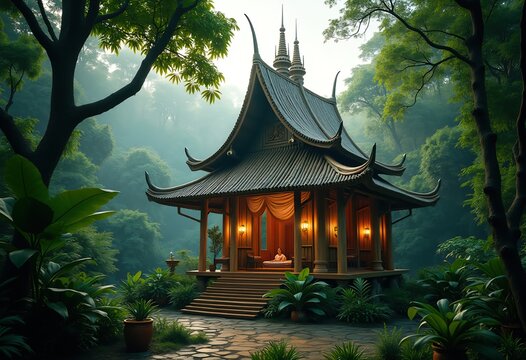 Exotic Bamboo Temple Tranquility Open-Air Structure Sanctuary Amidst Lush Jungle Paradise