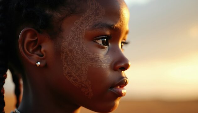 Young african girl face with traditional scarification patterns. Close up profile view, soft golden hour light illuminates her serene expression. Girl wears simple silver hoop earring.