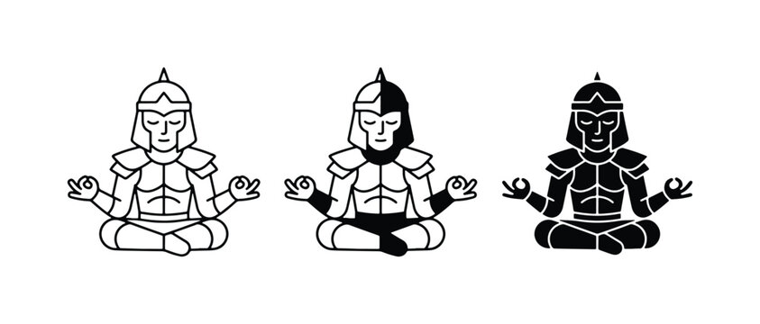 70 Warrior Monk Meditation Icons, Spiritual Warrior Zen Poses, Ancient Soldier Mindfulness Vector Set 100