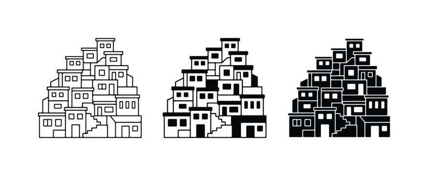 Slum Housing Icons, Urban Shantytown Buildings, Dense City Architecture Vector Set