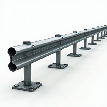 Sturdy metal guardrail for highway safety. This protective barrier redirects impacts, preventing vehicles from leaving the road. It ensures driver and passenger security.