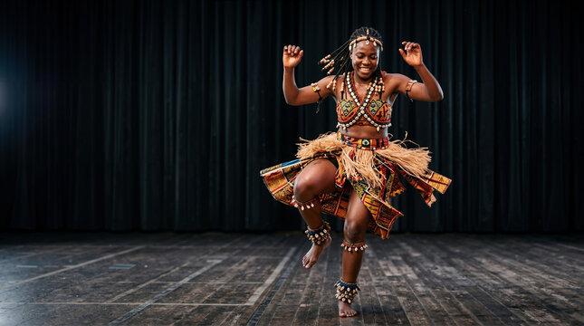 Smiling African woman performing a traditional dance on stage. Dynamic female dancer in a patterned costume with cowrie shells jumping