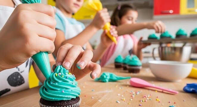 Children decorating cupcakes with colorful frosting.