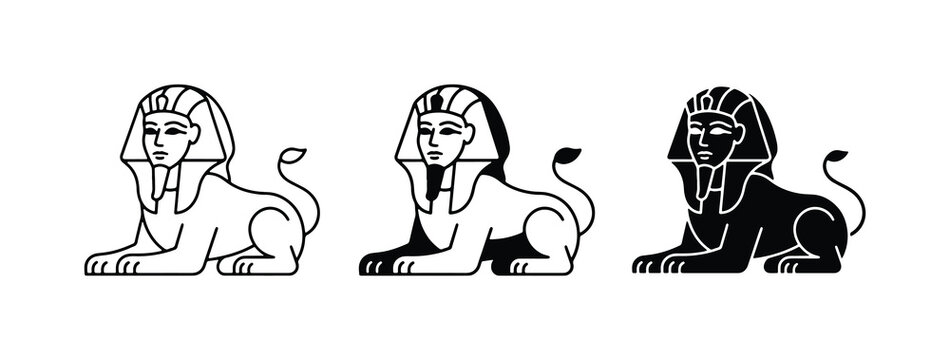 Egyptian Sphinx Icons, Ancient Mythical Creature Vector Graphics, Black and White Line Art
