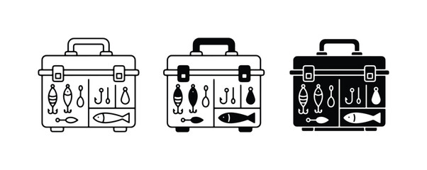 Fishing Tackle Box Icons, Vector Set: Angling Gear, Hooks, Lures, Floats, Fish © Shafiqur