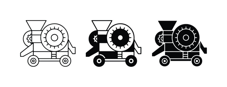 Agricultural Thresher Machine Icons, Vintage Farm Equipment Vector Graphics, Industrial Crop Processing