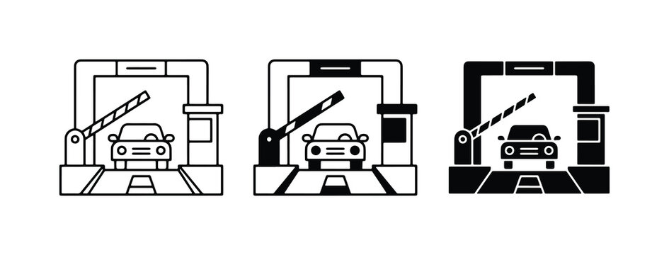 Toll Booth Icons, Barrier Gate Systems, Car Entry Control, Traffic Management Vector Set