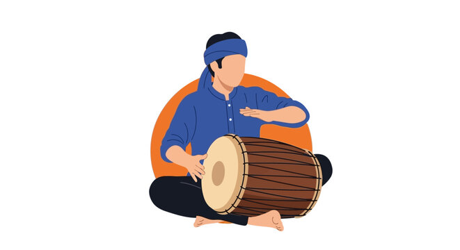 Young Man Playing Traditional Drum with Hand and Drumstick