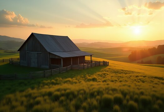 Rustic Barn Embraced by Emerald Fields at Golden Hour, Captivating Charm of Agricultural Serenity