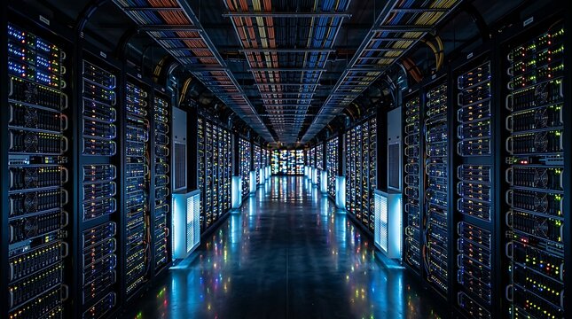 Illuminated server room with rows of glowing computer racks computer technology internet information