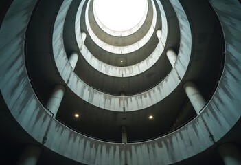 Fototapeta premium Spiraling Brutalist Concrete Parking Structure Architectural Photography Dramatic Angles Monolithic Formations