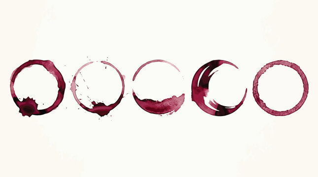 Wine glass stains set. Red circular wine rings and splashes on white background. Realistic beverage marks collection for bar or restaurant design, menu decoration. Texture vintage vector illustration.