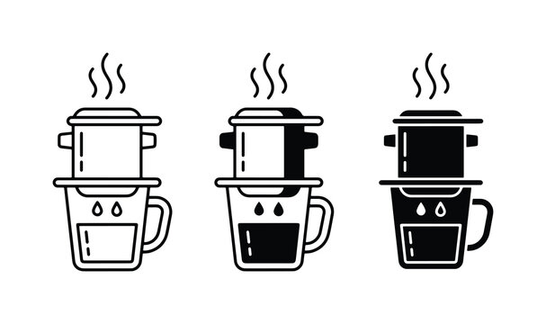Vietnamese Coffee Filter Icons, Phin Dripper Set, Hot Beverage Brewing, Black and White Line Art