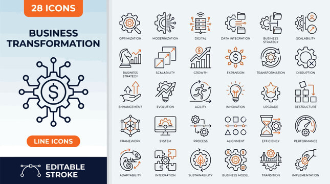 Business Transformation icon set. Contain icons related to Business, transformation, innovation, strategy, growth, optimization, process, and more. Editable stroke. Vector illustration.