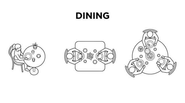 Minimal CAD dining top view drawings set with people eating at tables, overhead food and tableware layout in clean architectural line style for plans and layouts