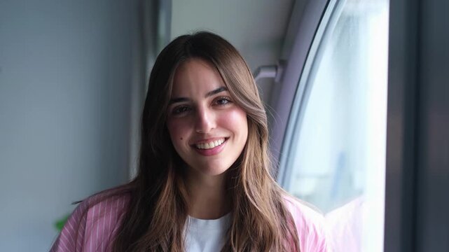 Portrait of a beautiful young caucasian woman with long brown hair smiling genuinely at the camera while standing by a window, with soft natural light illuminating her happy face