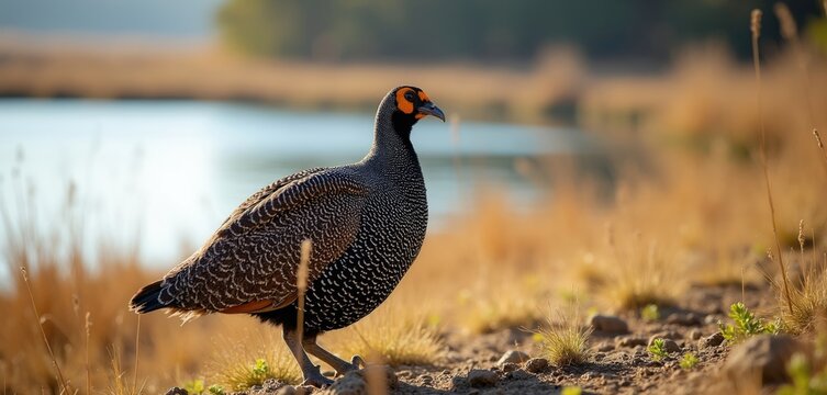 Wild bird with speckled feathers stands near water. The creature has bright orange markings around its eyes and beak. It is in a dry grassy field during the day.