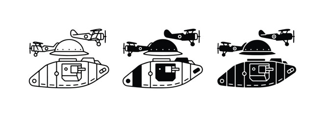 Retro Tank and Biplane Icons, Vintage Military Vehicle Vector Set, Historical Warfare Graphics © Mustafizur