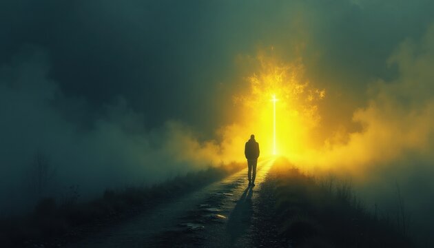 Man walks on dark path towards bright glowing cross light. Shadowy figure moves through fog toward divine salvation hope. Spiritual journey surreal dreamscape path.