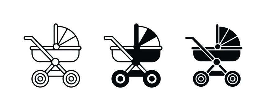 Baby Stroller Icons, Vintage Pram Vector Graphics, Modern Carriage Set