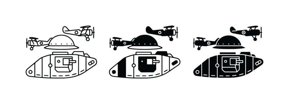 Retro Tank and Biplane Icons, Vintage Military Vehicle Vector Set, Historical Warfare Graphics