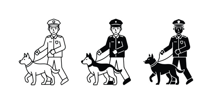 Security Guard with Dog Icons, K9 Unit Patrol, Law Enforcement Vector Set