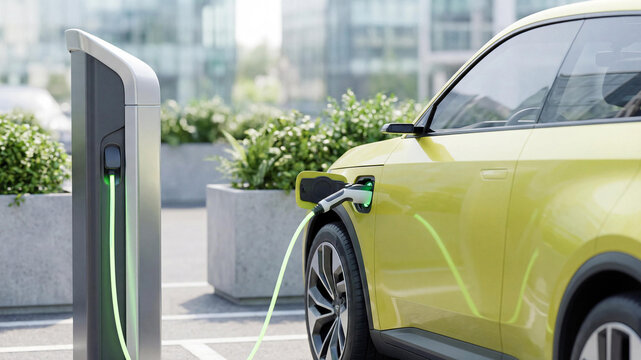 A modern lime green electric car charging at a city station. The cable is plugged into the vehicle, highlighting eco-friendly transport and sustainable energy trends in urban life.