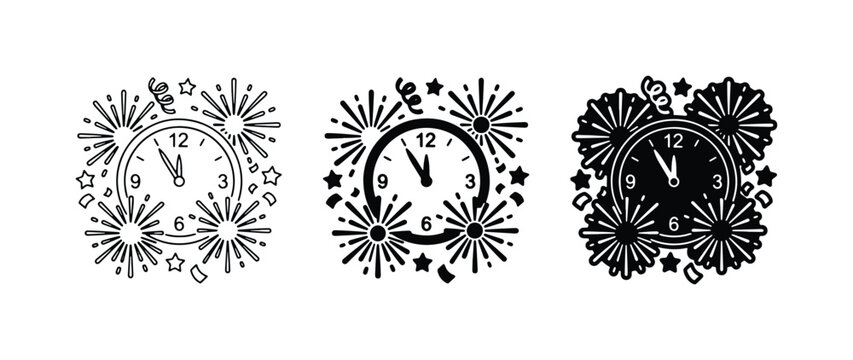 New Year's Eve Clock Icons, Countdown Celebration Vector Graphics, Midnight Party Time Symbols