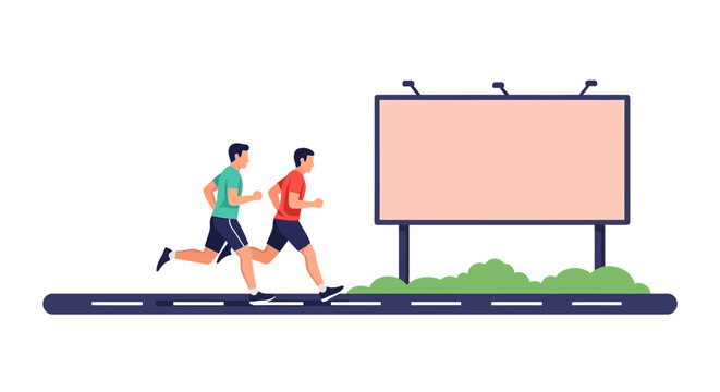Two runners jogging outdoors near large advertising billboard