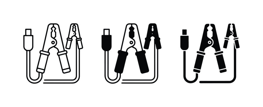Car Battery Jumper Cables, Clamp Icons, Automotive Emergency Tools, Black and White Vector Set